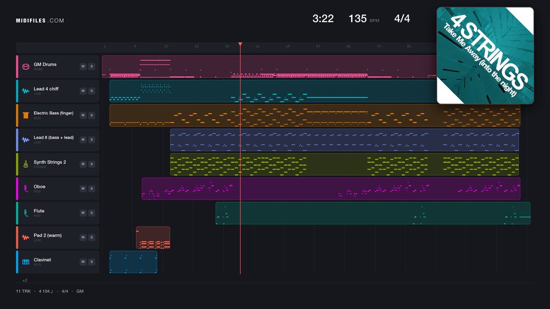 Take Me Away Into The Night — 4 Strings : piano roll MIDI multipiste