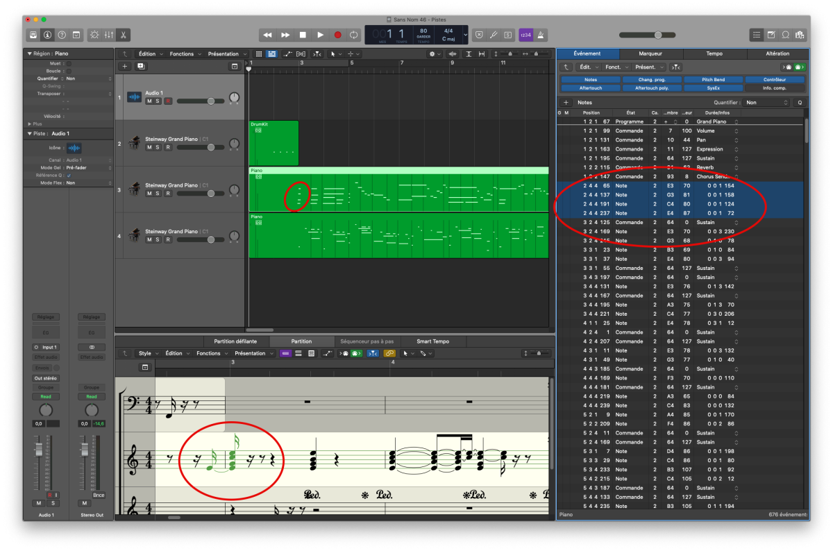 Affichage d'une séquence MIDI sur LOGIC PRO X